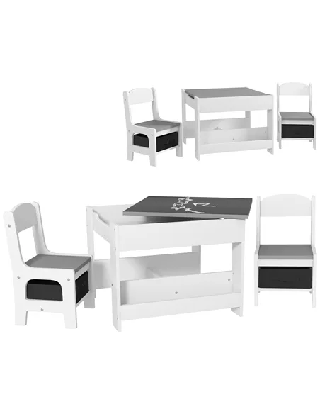 HOMCOM Three-Piece Kids Table and Chair Set with Blackboard, Storage, Bookshelves - Grey