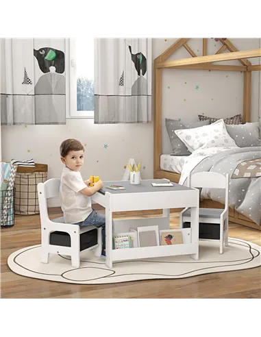 HOMCOM Three-Piece Kids Table and Chair Set with Blackboard, Storage, Bookshelves - Grey
