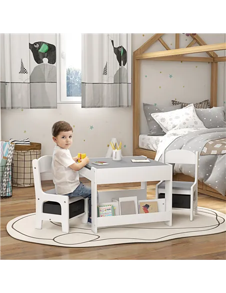 HOMCOM Three-Piece Kids Table and Chair Set with Blackboard, Storage, Bookshelves - Grey