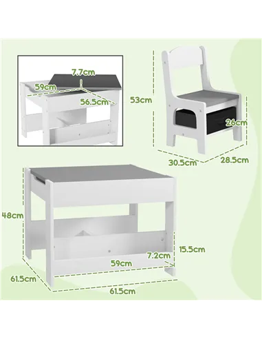 HOMCOM Three-Piece Kids Table and Chair Set with Blackboard, Storage, Bookshelves - Grey