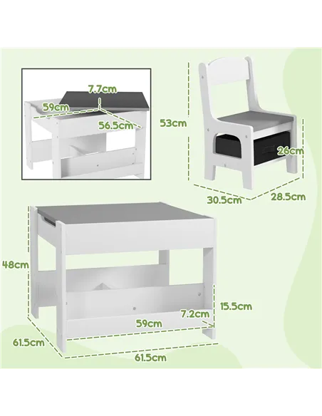 HOMCOM Three-Piece Kids Table and Chair Set with Blackboard, Storage, Bookshelves - Grey