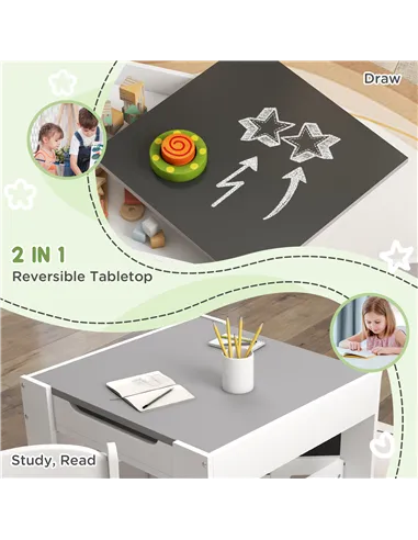 HOMCOM Three-Piece Kids Table and Chair Set with Blackboard, Storage, Bookshelves - Grey