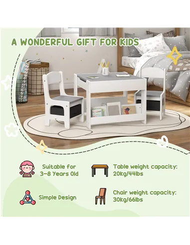 HOMCOM Three-Piece Kids Table and Chair Set with Blackboard, Storage, Bookshelves - Grey