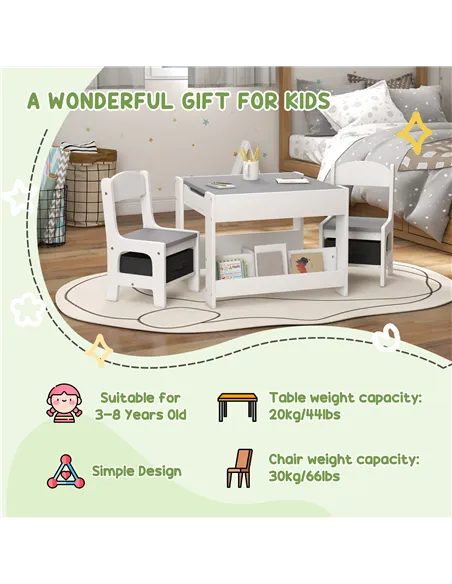 HOMCOM Three-Piece Kids Table and Chair Set with Blackboard, Storage, Bookshelves - Grey
