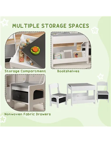 HOMCOM Three-Piece Kids Table and Chair Set with Blackboard, Storage, Bookshelves - Grey