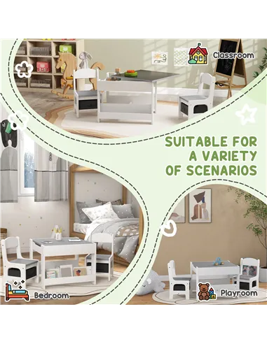 HOMCOM Three-Piece Kids Table and Chair Set with Blackboard, Storage, Bookshelves - Grey