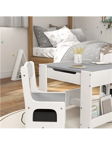 HOMCOM Three-Piece Kids Table and Chair Set with Blackboard, Storage, Bookshelves - Grey