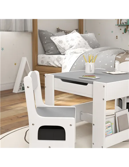 HOMCOM Three-Piece Kids Table and Chair Set with Blackboard, Storage, Bookshelves - Grey