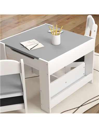 HOMCOM Three-Piece Kids Table and Chair Set with Blackboard, Storage, Bookshelves - Grey