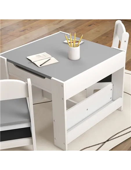 HOMCOM Three-Piece Kids Table and Chair Set with Blackboard, Storage, Bookshelves - Grey