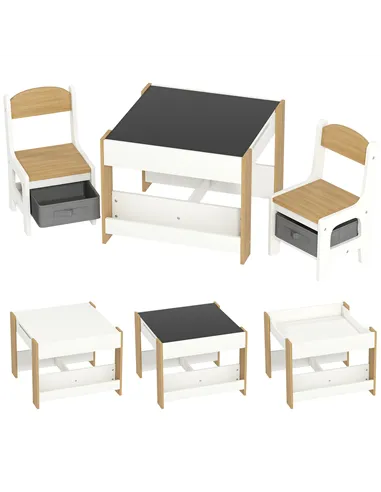 HOMCOM Three-Piece Kids Table and Chair Set with Blackboard, Storage, Bookshelves - Natural Wood