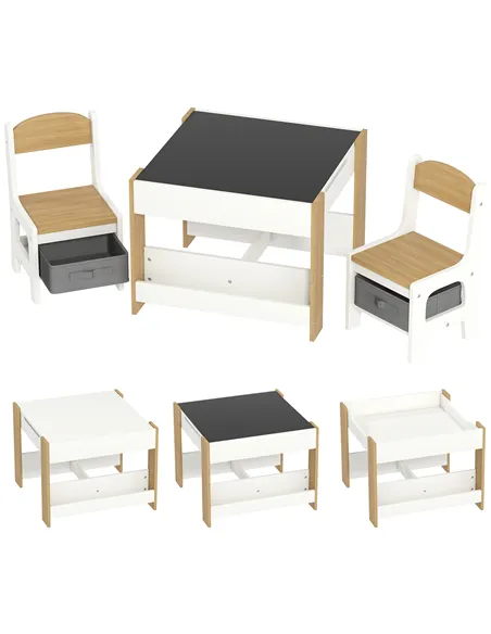 HOMCOM Three-Piece Kids Table and Chair Set with Blackboard, Storage, Bookshelves - Natural Wood