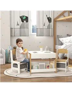 HOMCOM Three-Piece Kids Table and Chair Set with Blackboard, Storage, Bookshelves - Natural Wood 2