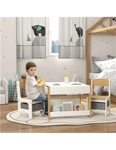 HOMCOM Three-Piece Kids Table and Chair Set with Blackboard, Storage, Bookshelves - Natural Wood