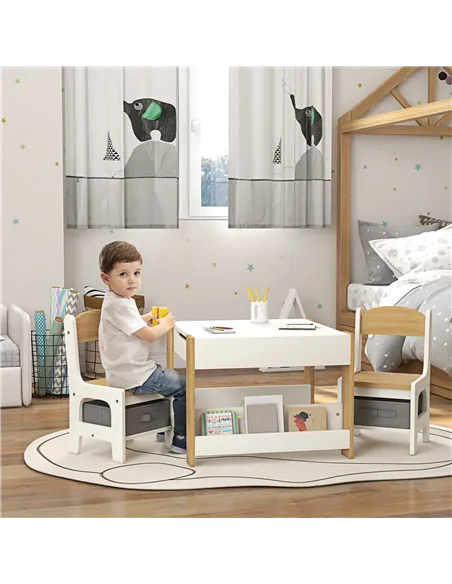 HOMCOM Three-Piece Kids Table and Chair Set with Blackboard, Storage, Bookshelves - Natural Wood