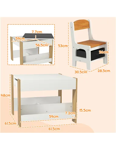 HOMCOM Three-Piece Kids Table and Chair Set with Blackboard, Storage, Bookshelves - Natural Wood