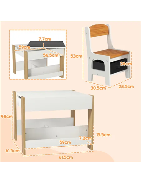 HOMCOM Three-Piece Kids Table and Chair Set with Blackboard, Storage, Bookshelves - Natural Wood