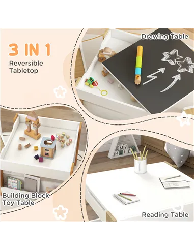 HOMCOM Three-Piece Kids Table and Chair Set with Blackboard, Storage, Bookshelves - Natural Wood