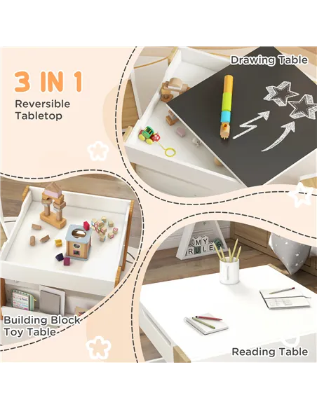 HOMCOM Three-Piece Kids Table and Chair Set with Blackboard, Storage, Bookshelves - Natural Wood