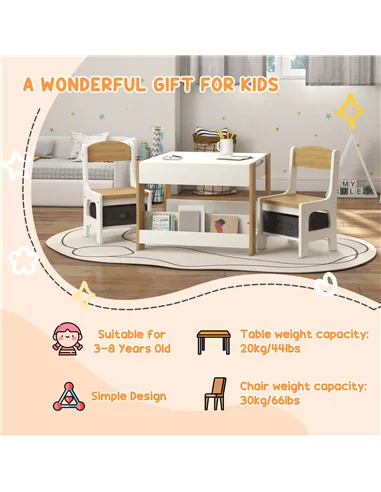 HOMCOM Three-Piece Kids Table and Chair Set with Blackboard, Storage, Bookshelves - Natural Wood