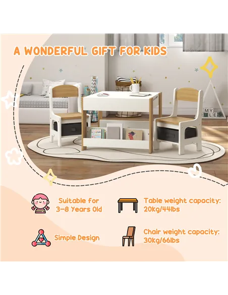 HOMCOM Three-Piece Kids Table and Chair Set with Blackboard, Storage, Bookshelves - Natural Wood