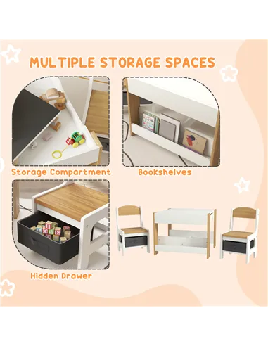 HOMCOM Three-Piece Kids Table and Chair Set with Blackboard, Storage, Bookshelves - Natural Wood