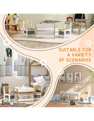 HOMCOM Three-Piece Kids Table and Chair Set with Blackboard, Storage, Bookshelves - Natural Wood