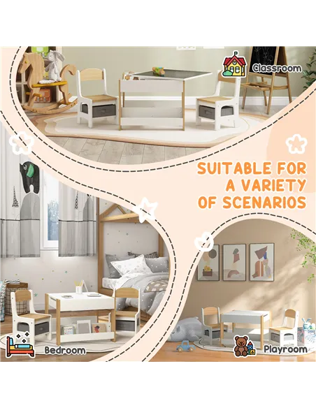 HOMCOM Three-Piece Kids Table and Chair Set with Blackboard, Storage, Bookshelves - Natural Wood