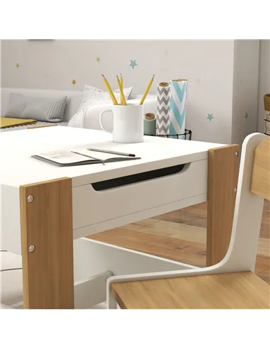 HOMCOM Three-Piece Kids Table and Chair Set with Blackboard, Storage, Bookshelves - Natural Wood