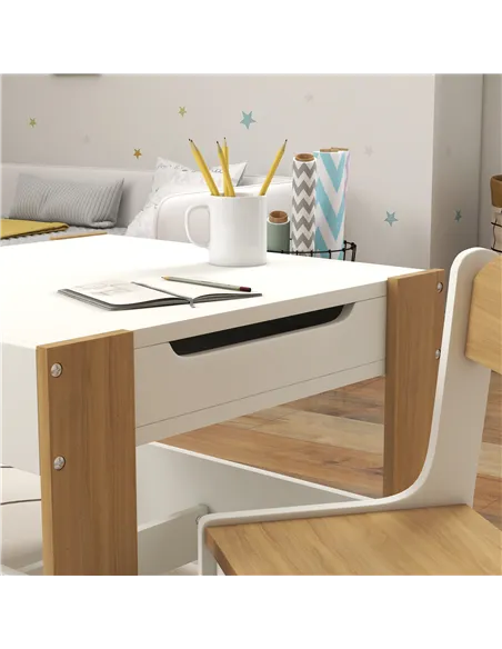 HOMCOM Three-Piece Kids Table and Chair Set with Blackboard, Storage, Bookshelves - Natural Wood