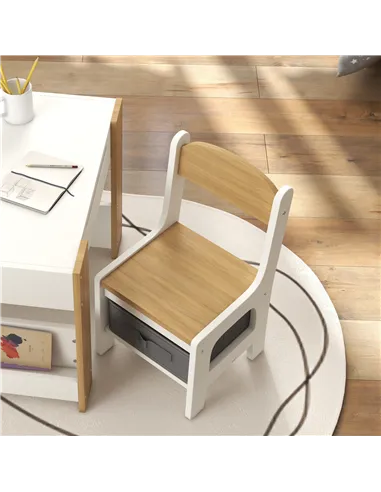 HOMCOM Three-Piece Kids Table and Chair Set with Blackboard, Storage, Bookshelves - Natural Wood