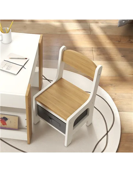 HOMCOM Three-Piece Kids Table and Chair Set with Blackboard, Storage, Bookshelves - Natural Wood