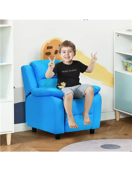 HOMCOM Kids Children Recliner Lounger Armchair Games Chair Sofa Seat PU Leather Look w/ Storage Space on Arms (Blue)