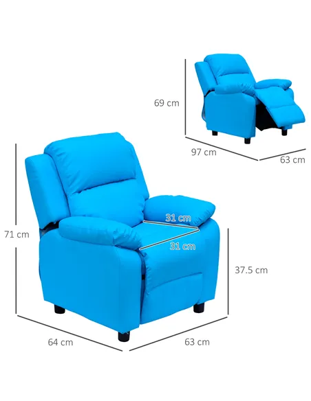 HOMCOM Kids Children Recliner Lounger Armchair Games Chair Sofa Seat PU Leather Look w/ Storage Space on Arms (Blue)