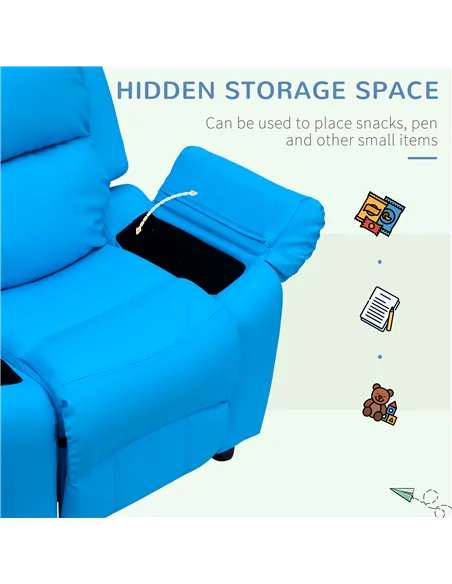 HOMCOM Kids Children Recliner Lounger Armchair Games Chair Sofa Seat PU Leather Look w/ Storage Space on Arms (Blue)