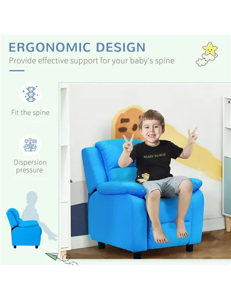 HOMCOM Kids Children Recliner Lounger Armchair Games Chair Sofa Seat PU Leather Look w/ Storage Space on Arms (Blue)