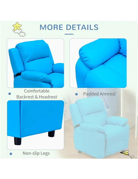 HOMCOM Kids Children Recliner Lounger Armchair Games Chair Sofa Seat PU Leather Look w/ Storage Space on Arms (Blue)