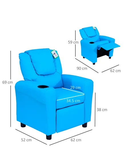 HOMCOM Kids Recliner Chair, PU Leather with Adjustable Backrest, Footrest, Padded Headrest, Blue
