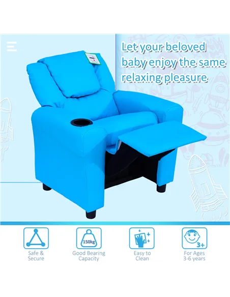 HOMCOM Kids Recliner Chair, PU Leather with Adjustable Backrest, Footrest, Padded Headrest, Blue