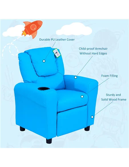 HOMCOM Kids Recliner Chair, PU Leather with Adjustable Backrest, Footrest, Padded Headrest, Blue
