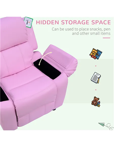 HOMCOM Kids Sofa Armchair Toddler Recliner Children's  Chair Lounger Games Chair  PU Leather w/ Storage  (Pink)