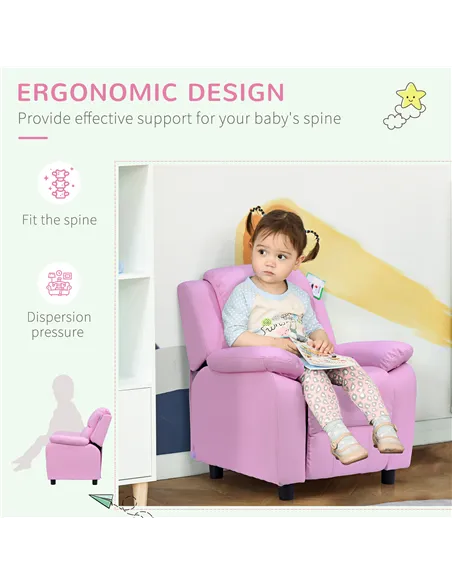 HOMCOM Kids Sofa Armchair Toddler Recliner Children's  Chair Lounger Games Chair  PU Leather w/ Storage  (Pink)