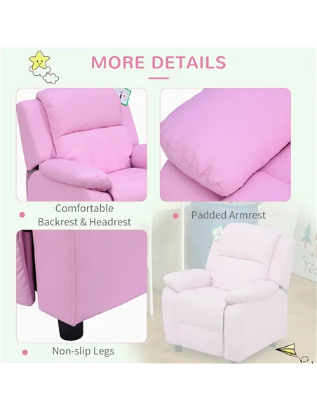 HOMCOM Kids Sofa Armchair Toddler Recliner Children's  Chair Lounger Games Chair  PU Leather w/ Storage  (Pink)