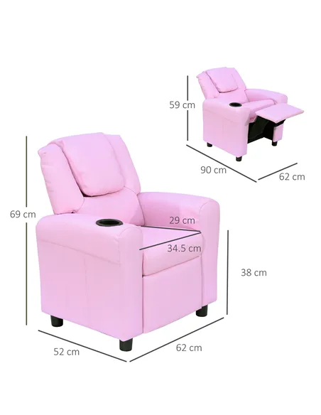 HOMCOM Kids Recliner Chair, PU Leather with Adjustable Backrest, Footrest, Padded Headrest, Pink