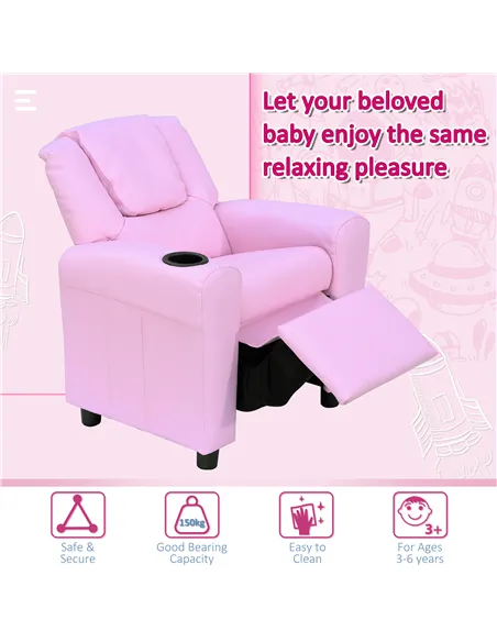 HOMCOM Kids Recliner Chair, PU Leather with Adjustable Backrest, Footrest, Padded Headrest, Pink