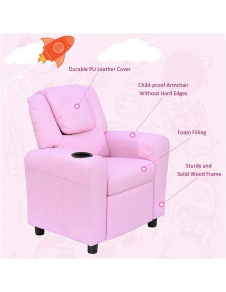 HOMCOM Kids Recliner Chair, PU Leather with Adjustable Backrest, Footrest, Padded Headrest, Pink