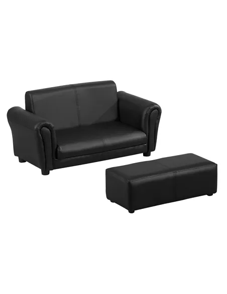 HOMCOM Kids Sofa Bed Kids Twin Sofa Toddler Chair 2 Seater Kids Twin Sofa Chair Boys Girls Couch w/ Footstool (Black)