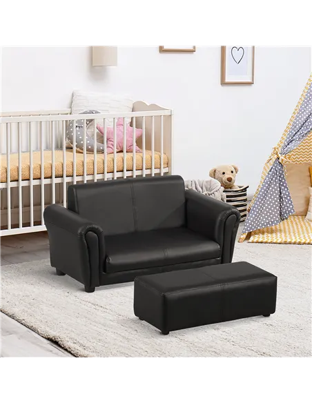HOMCOM Kids Sofa Bed Kids Twin Sofa Toddler Chair 2 Seater Kids Twin Sofa Chair Boys Girls Couch w/ Footstool (Black)