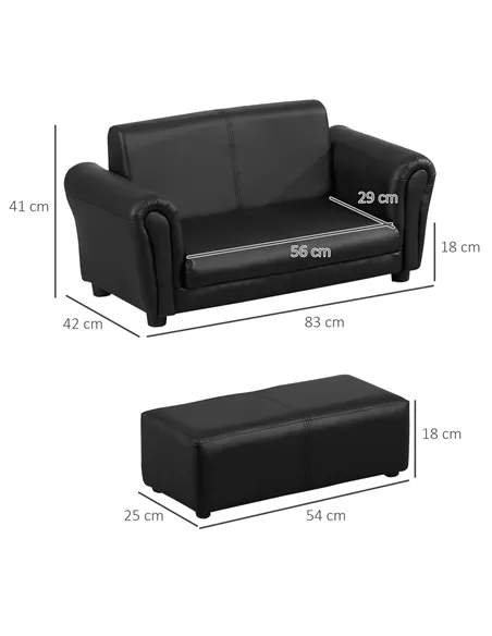 HOMCOM Kids Sofa Bed Kids Twin Sofa Toddler Chair 2 Seater Kids Twin Sofa Chair Boys Girls Couch w/ Footstool (Black)