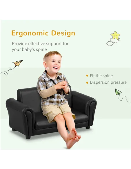 HOMCOM Kids Sofa Bed Kids Twin Sofa Toddler Chair 2 Seater Kids Twin Sofa Chair Boys Girls Couch w/ Footstool (Black)